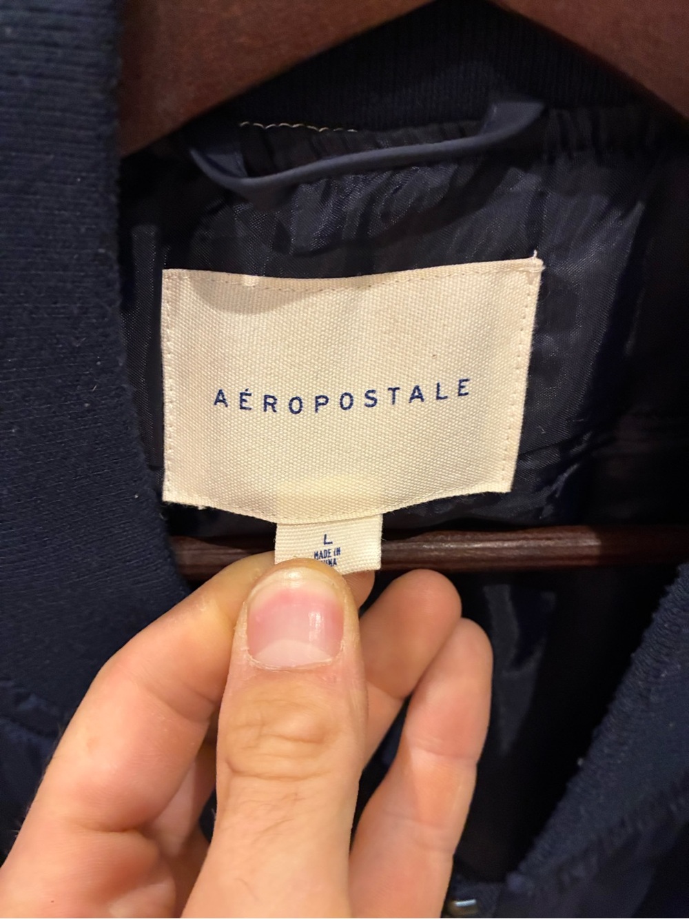 Aeropostale Navy Blue Bomber Jacket with White Striped Trim - Picture 2 of 3